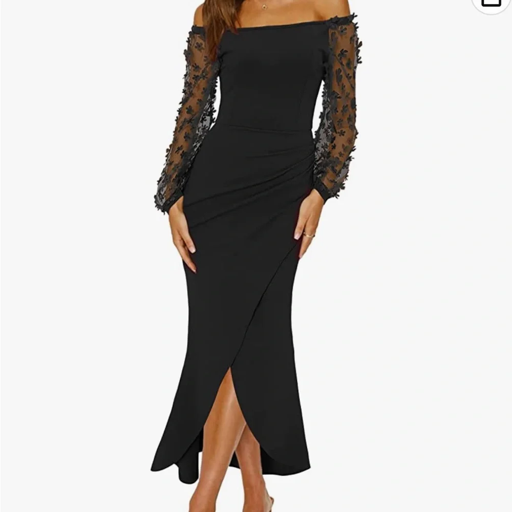 Off Shoulder Sheer Long Sleeve Mesh Ruched Wrap Split Maxi Cocktail Dress - Picture 1 of 3